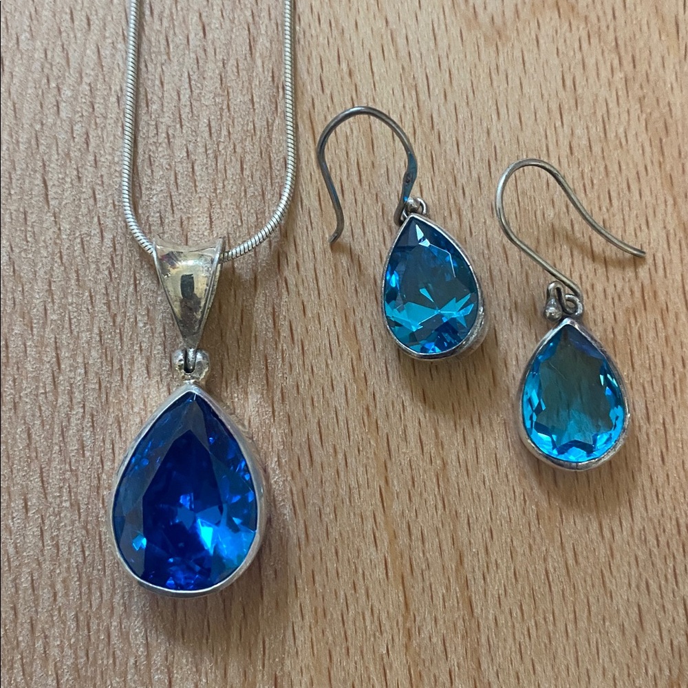 Blue Teardrop Crystal Sterling Silver Necklace and Earrings Set - Picture 2 of 5
